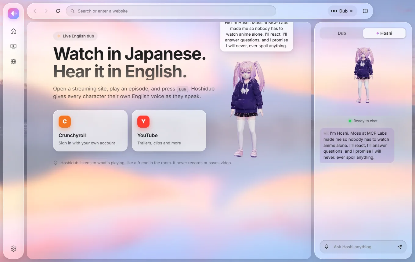 Hoshi in Hoshidub's side panel, ready to chat, with her 3D avatar and a message box